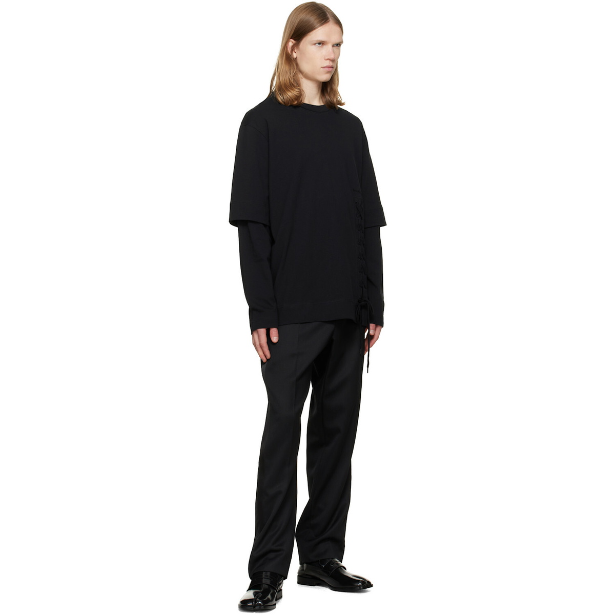Simone Rocha Black Lace Up Hem Layered Long Sleeve T-shirt