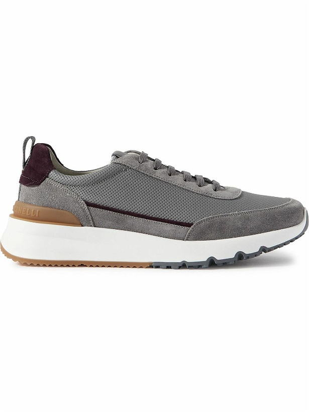 Photo: Brunello Cucinelli - Perforated Leather and Suede Sneakers - Gray