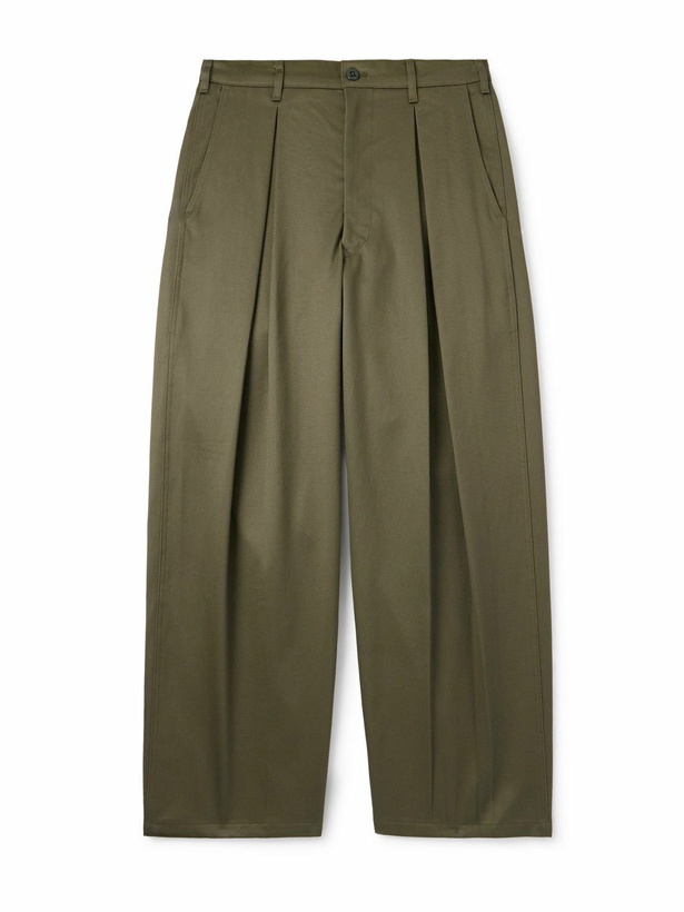 Photo: Monitaly - Ekusy Wide-Leg Cropped Pleated Cotton-Sateen Trousers - Green