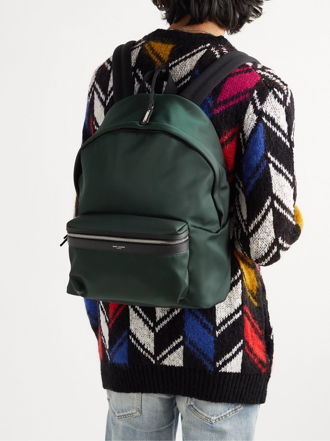 City Leather Trimmed Backpack in Green - Saint Laurent