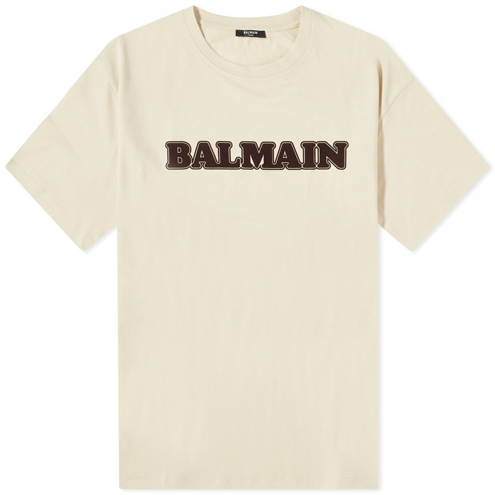 Photo: Balmain Men's Retro Logo T-Shirt in Ivory/Brown