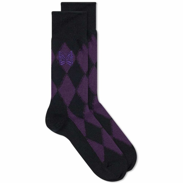 Photo: Needles Men's Argyle Jacquard Wool Socks in Purple