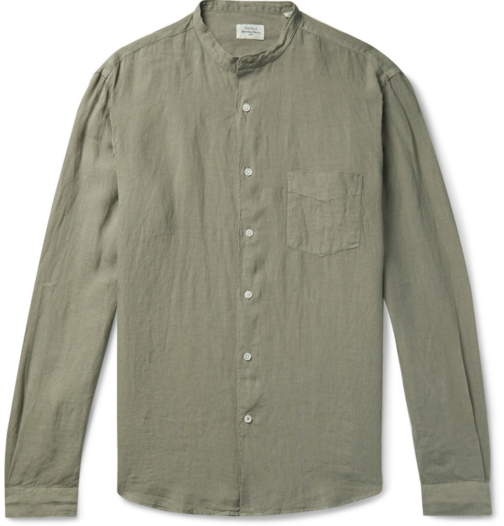 Photo: Hartford - Grandad-Collar Slub Linen Shirt - Green