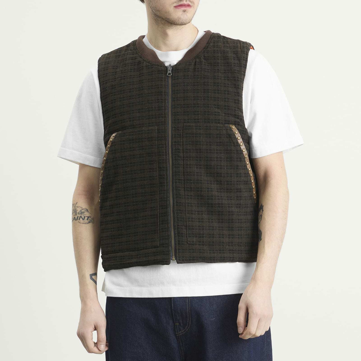 Pleasures Men's Horns Denim Vest in Brown Plaid