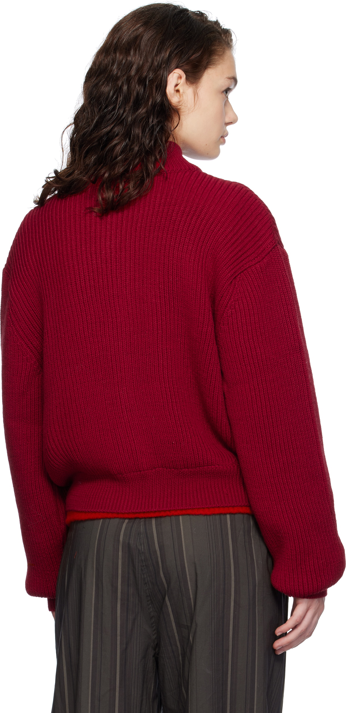 AMOMENTO Red Full Needle Crop Sweater