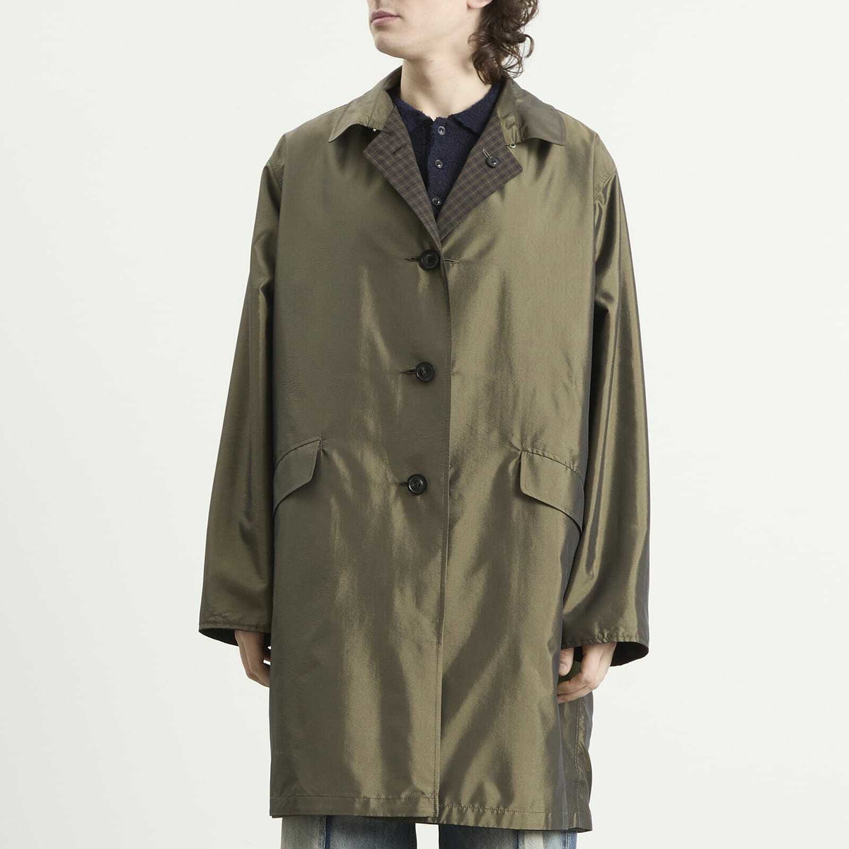 Maison Margiela Men's Check Reversible Coat in Olive/Brown Check