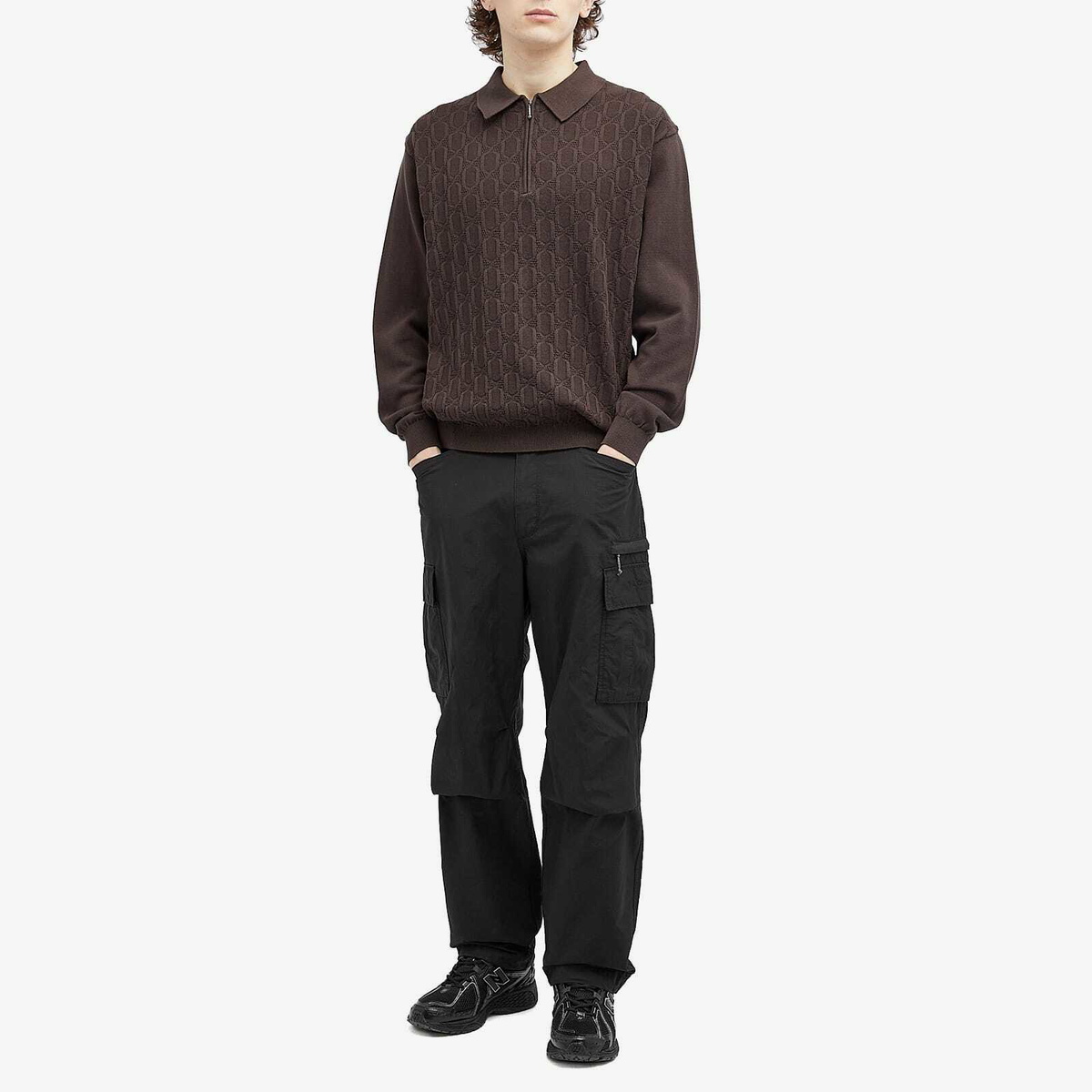 thisisneverthat Men's Cable Knit Zip Polo Shirt in Brown