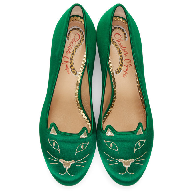 Charlotte Olympia SSENSE Exclusive Green Satin Kitty Loafers