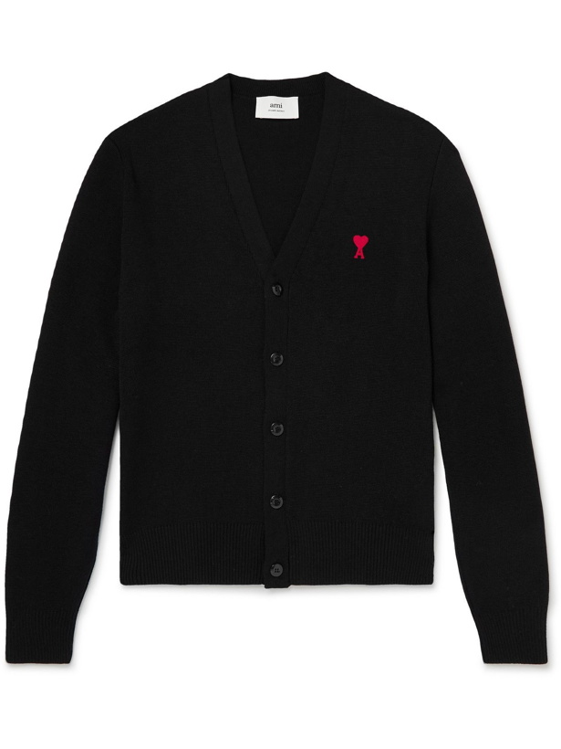 Photo: AMI PARIS - Slim-Fit Logo-Embroidered Merino Wool Cardigan - Black