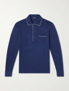 TOM FORD - Piped Silk and Cotton-Blend Piqué Polo Shirt - Blue