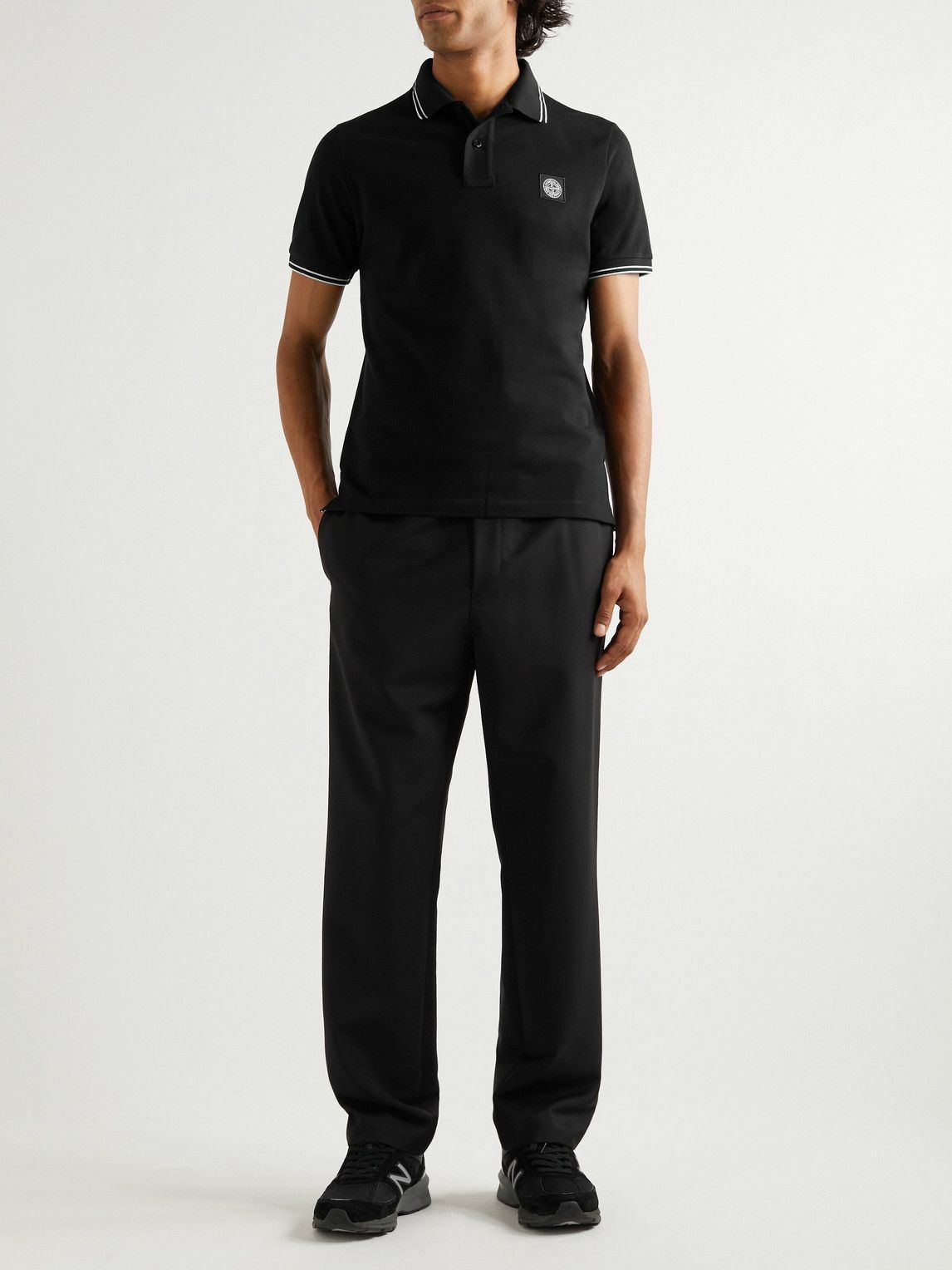 Stone Island - Logo-Appliquéd Stretch-Cotton Piqué Polo Shirt - Black ...