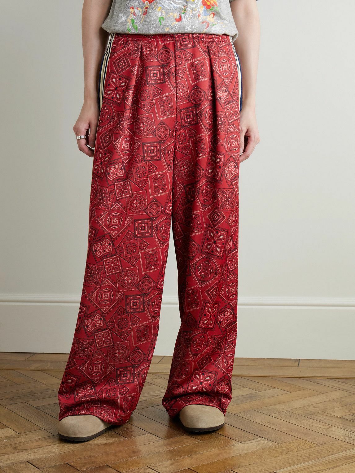 KAPITAL - Wide-Leg Striped Webbing-Trimmed Bandana-Print Tech-Jersey Track Pants - Red