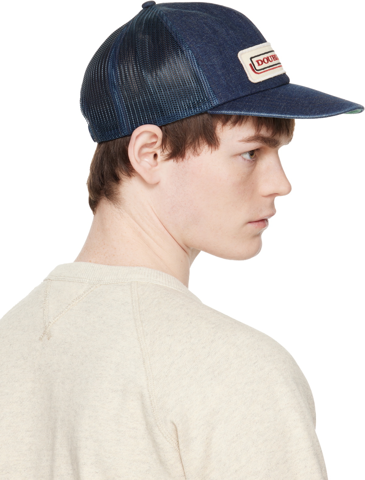 RRL Navy Logo-Patch Indigo Denim Trucker Cap