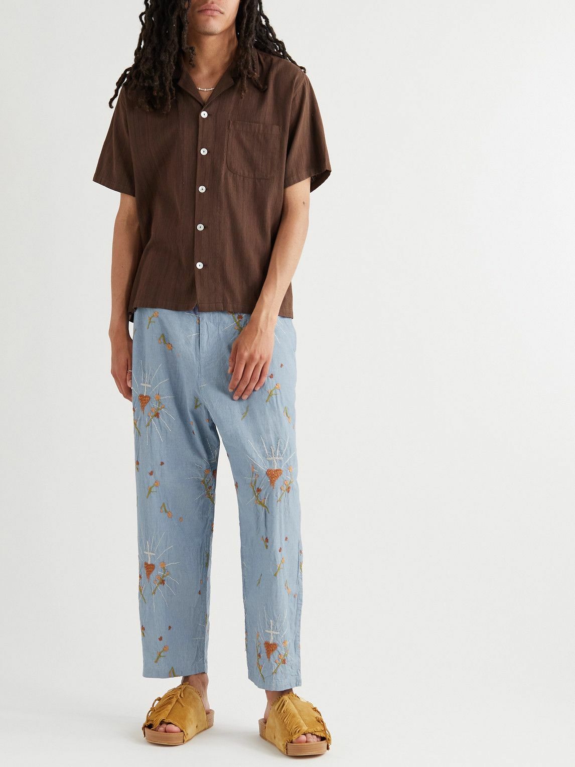 KAPITAL - Wide-Leg Embroidered Cotton-Chambray Drawstring Trousers