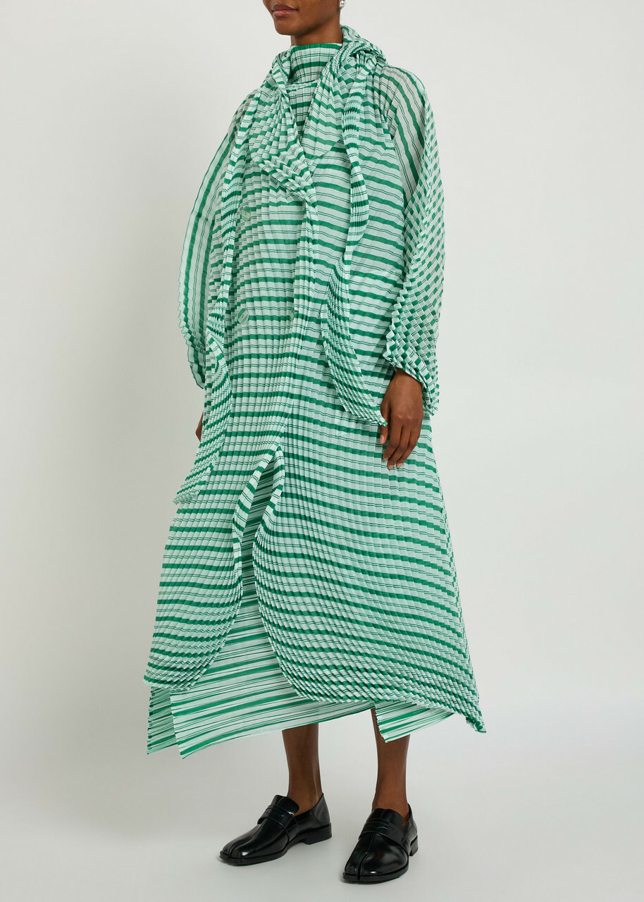 Issey Miyake Striped Pleated Woven Coat Green