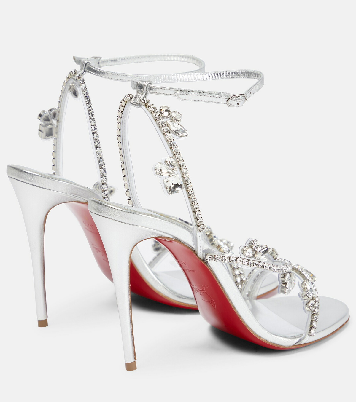 【Christian Louboutin】 Queen 55 embellishedレザーサンダル Queen 55 embellished leather sandals in silver - Christian