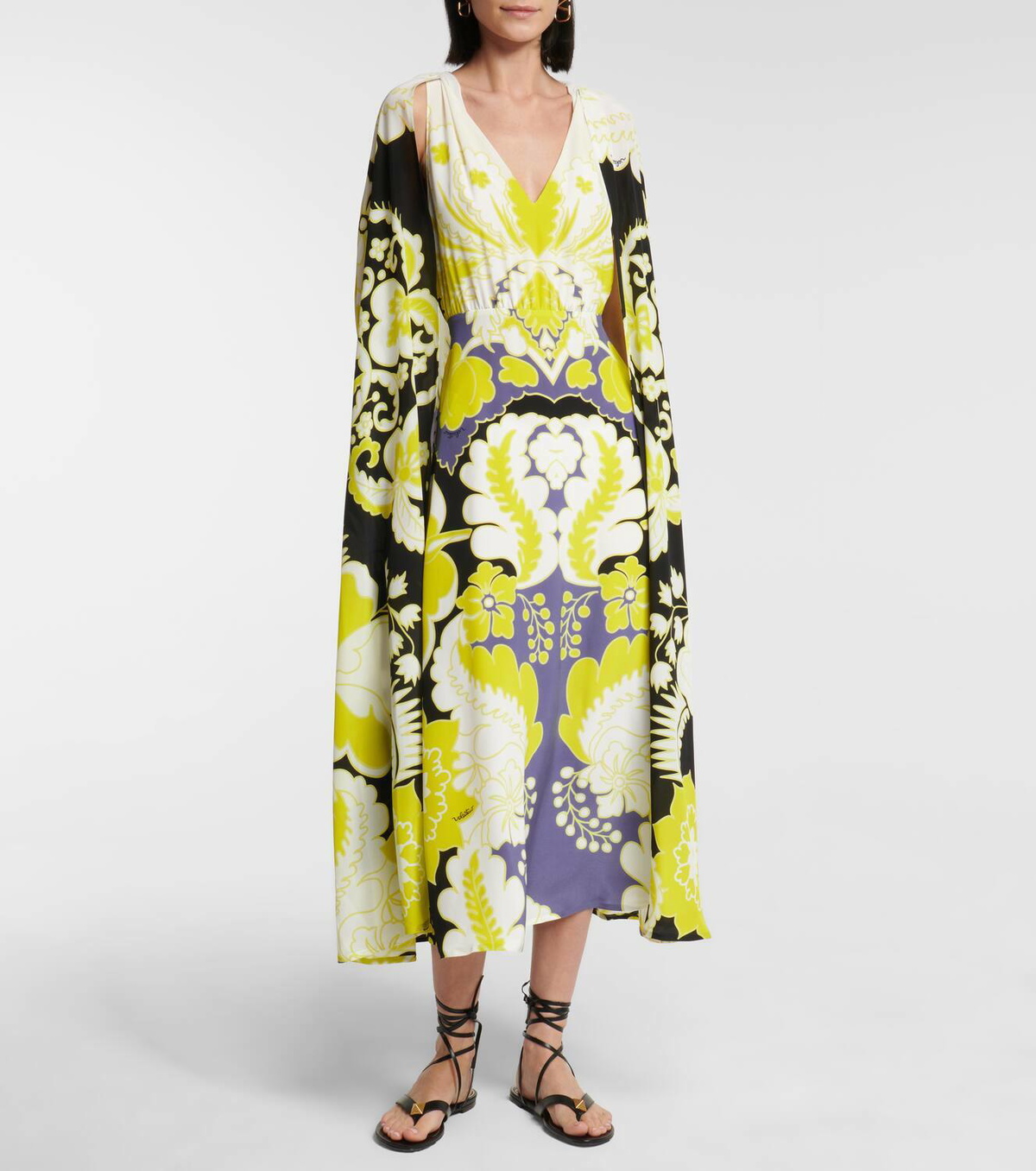 Valentino Valentino caped floral silk midi dress