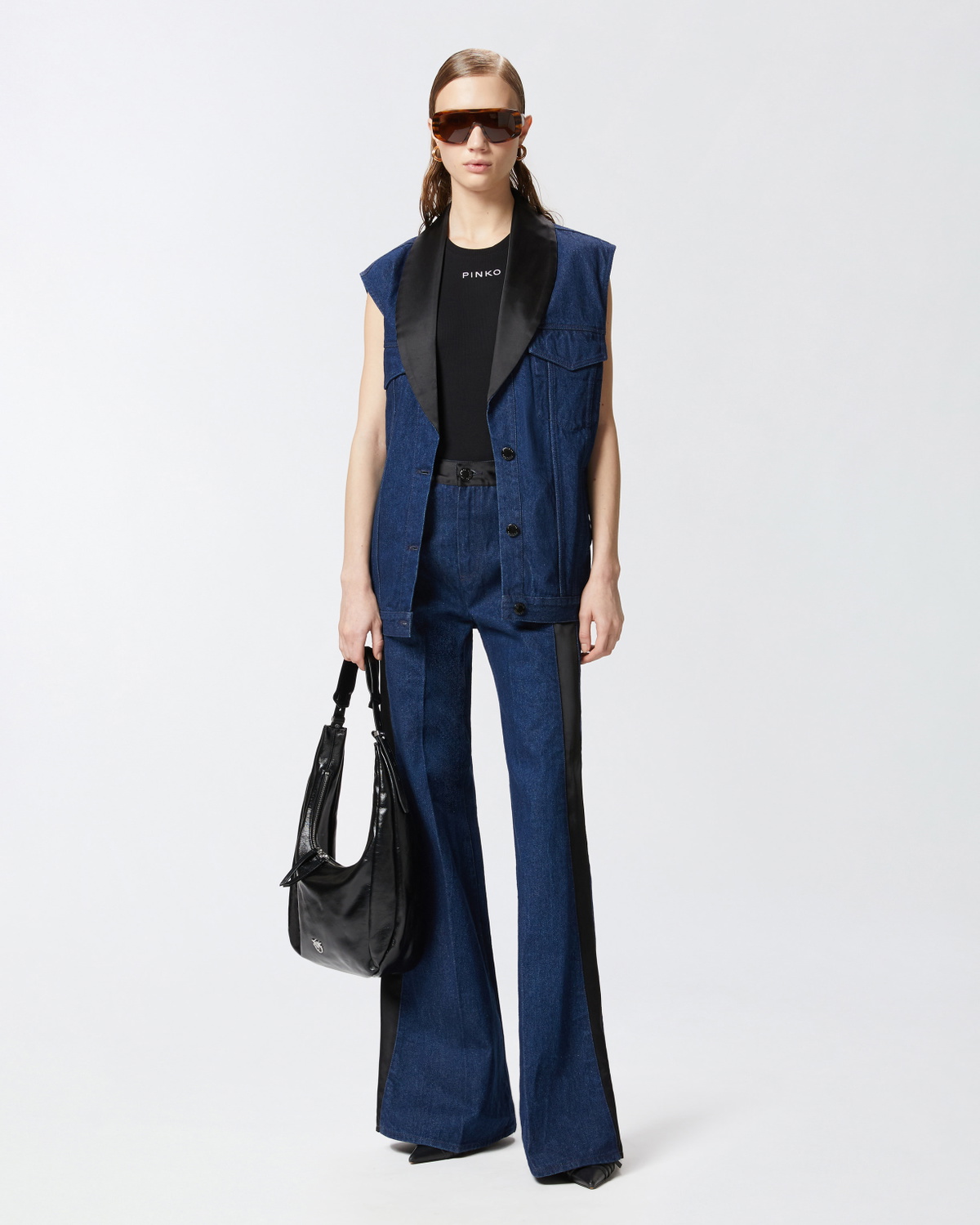 Pinko Denim Vest With Black Satin Lapel Collar Mid Wash