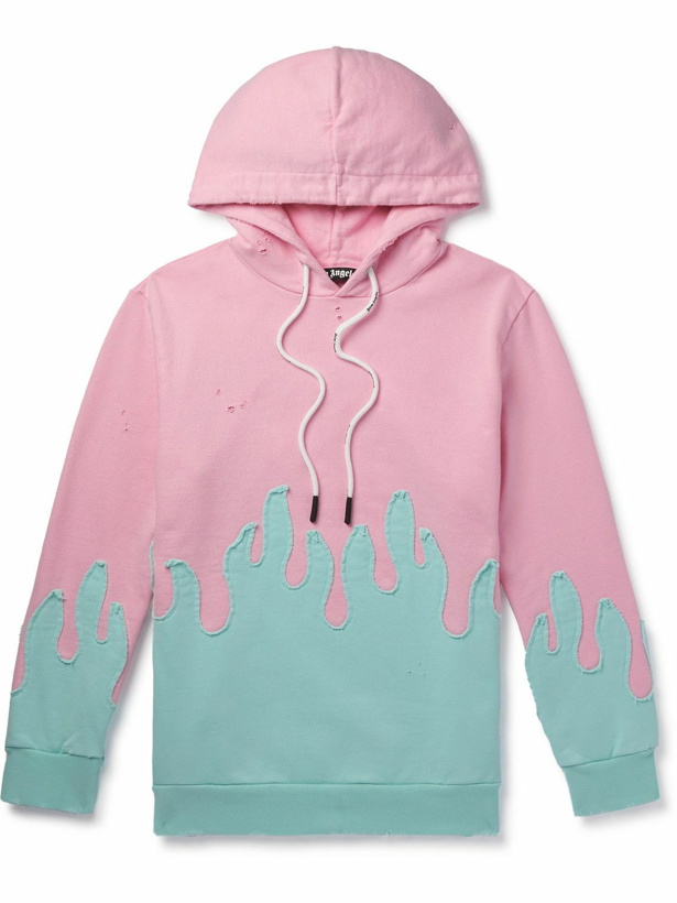 Photo: Palm Angels - Logo-Print Distressed Two-Tone Cotton-Jersey Hoodie - Pink