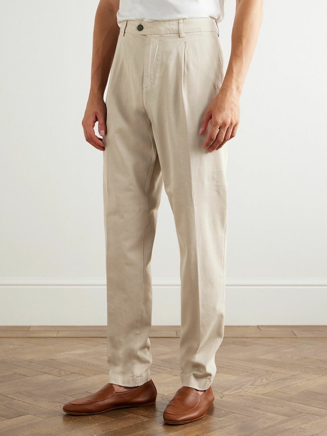 Eleventy - Straight-Leg Pleated Stretch Cotton and Lyocell-Blend Trousers - Neutrals