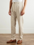 Eleventy - Straight-Leg Pleated Stretch Cotton and Lyocell-Blend Trousers - Neutrals