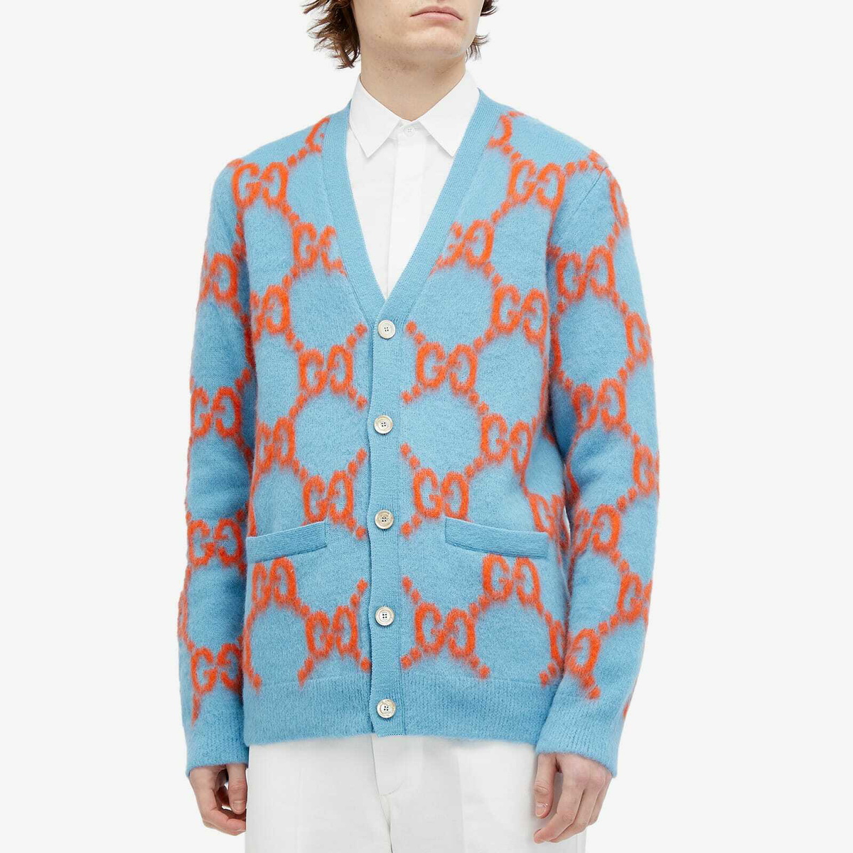 Gucci Men's Jumbo GG Knit Cardigan in Azure/Orange Gucci