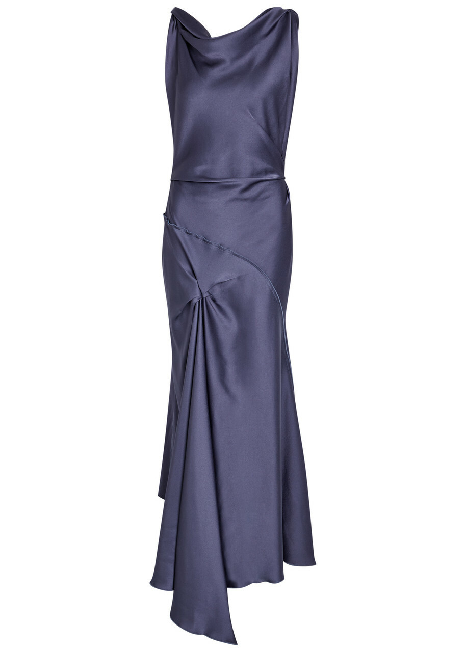 Victoria Beckham Posy Asymmetric Satin Maxi Dress Dark Grey