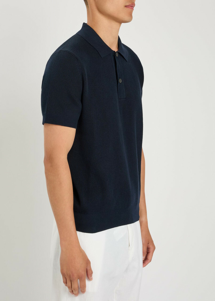 Sunspel Ribbed Knit Cotton Polo Shirt Navy