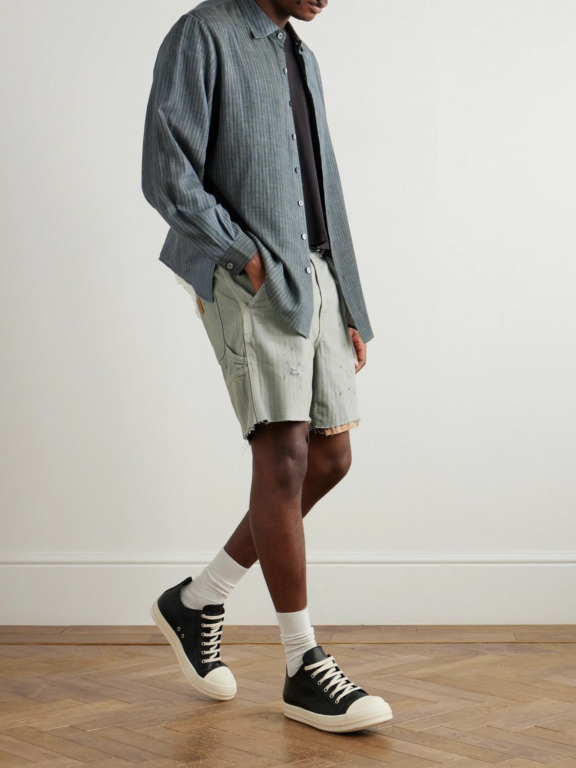Enfants Riches Déprimés - Straight-Leg Distressed Paint-Splattered Cotton-Herringbone Shorts - Gray