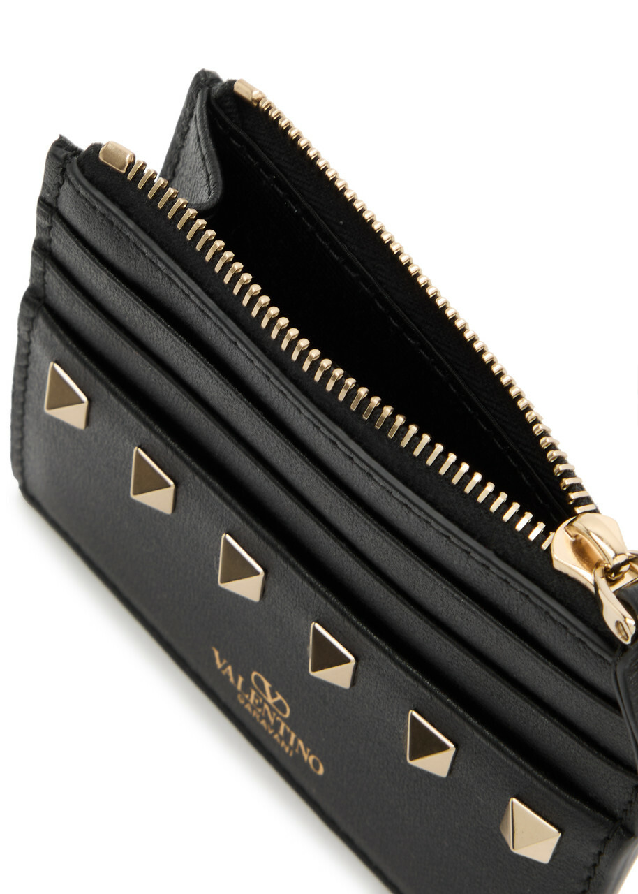 Valentino Rockstud Grained Leather Card Holder - Black - One Size
