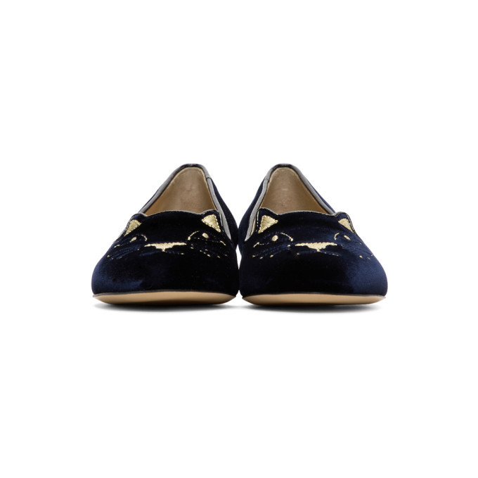 Charlotte Olympia Navy Velvet Kitty Flats