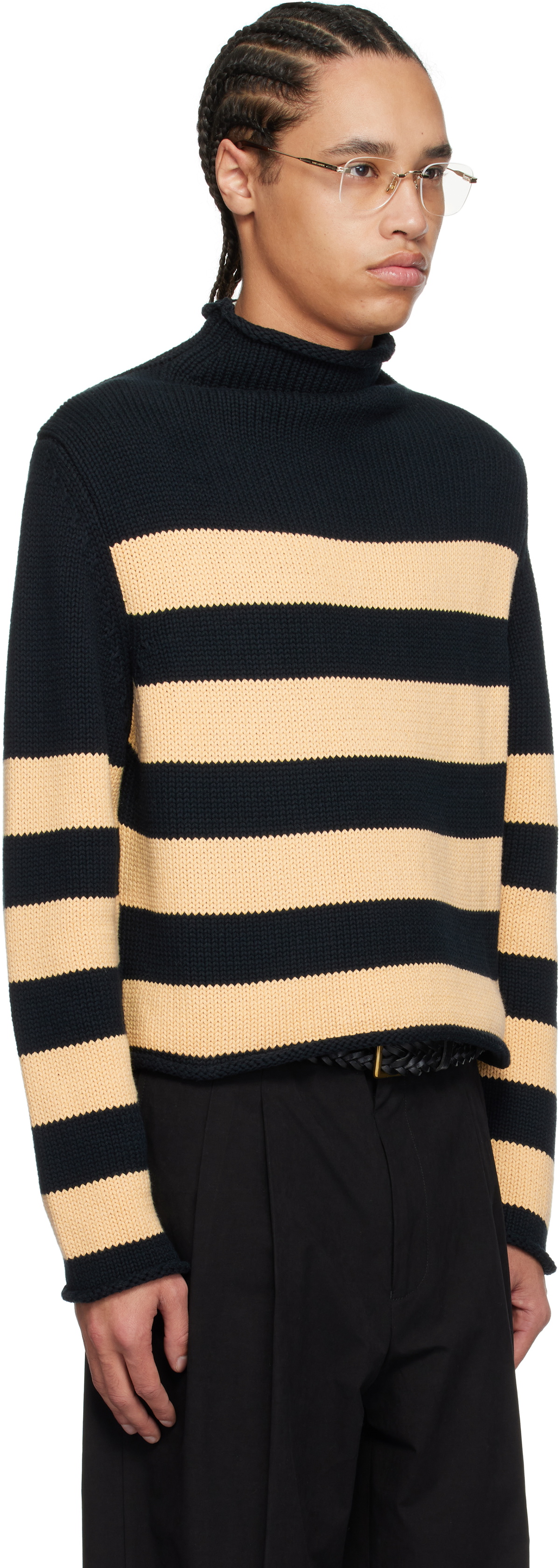 Carter Young Navy & Beige Striped Roll Neck Sweater