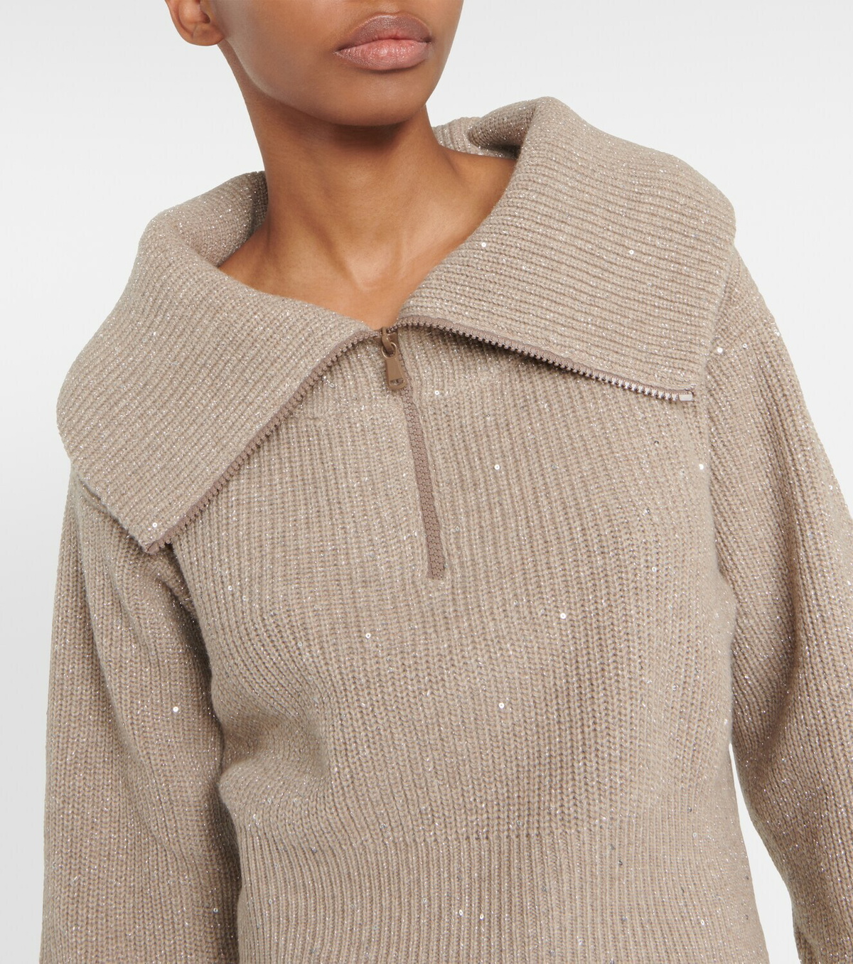 Brunello Cucinelli Women Cashmere Chimney Neck Sweater With Shiny Cuff Details