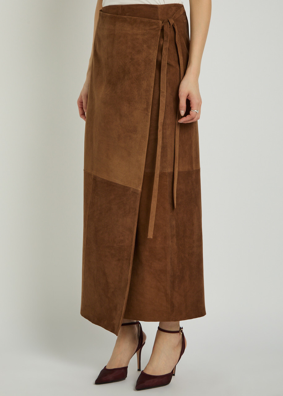 Nour Hammour Suede Wrap Midi Skirt Brown