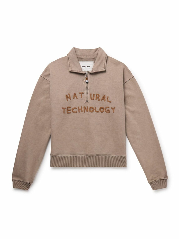 Photo: Story Mfg. - Geo Appliquéd Organic Cotton-Jersey Half-Zip Sweatshirt - Brown