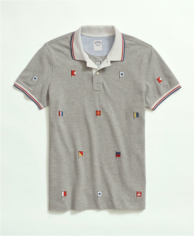 Photo: Brooks Brothers Men's Cotton Slim-Fit Embroidered Nautical Flag Polo Shirt | Grey Heather