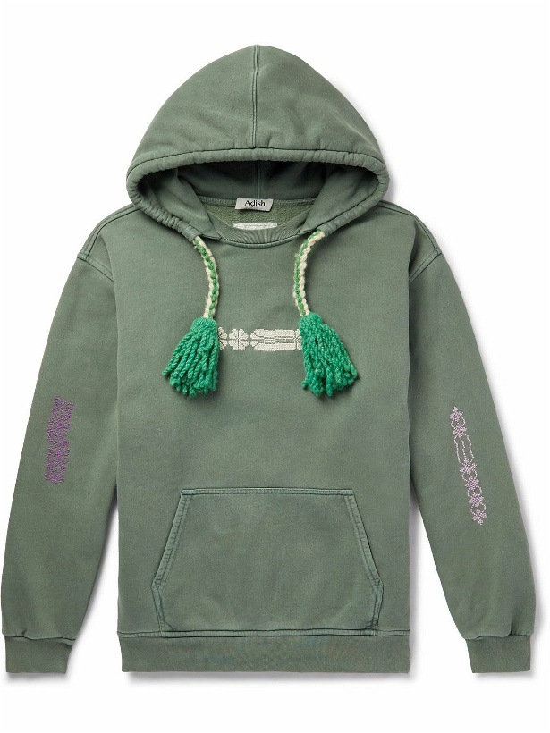 Photo: Adish - Tasselled Garment-Dyed Embroidered Cotton-Jersey Hoodie - Green