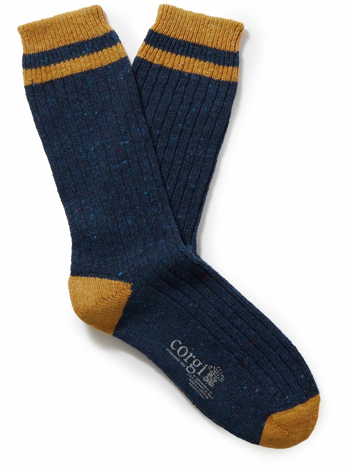 Photo: Corgi - Striped Ribbed Donegal Merino Wool-Blend Socks - Blue
