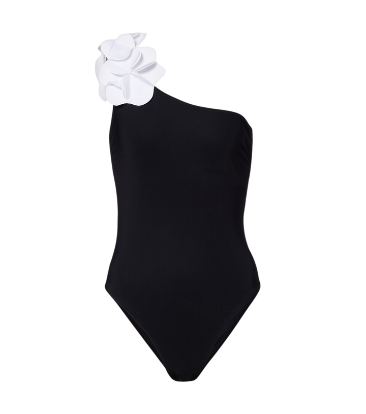 Photo: Karla Colletto Tess one-shoulder floral-appliqué swimsuit