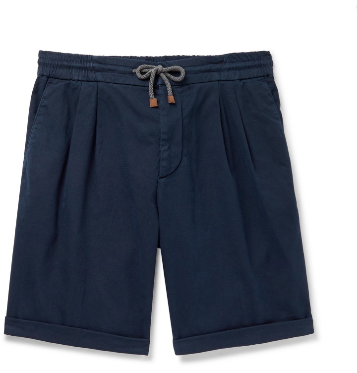 Photo: Brunello Cucinelli - Pleated Checked Stretch-Cotton Twill Drawstring Shorts - Blue