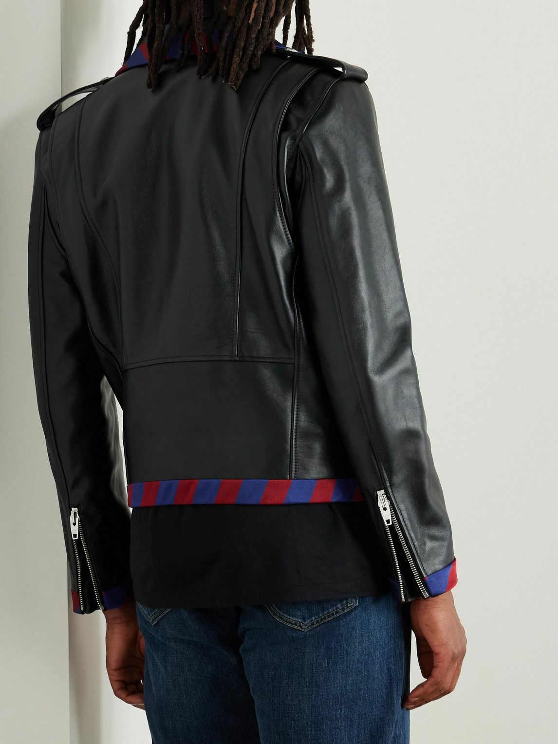 CELINE - Belted Striped Twill-Trimmed Leather Biker Jacket - Black