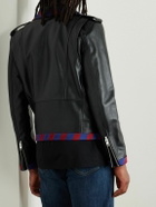 CELINE - Belted Striped Twill-Trimmed Leather Biker Jacket - Black