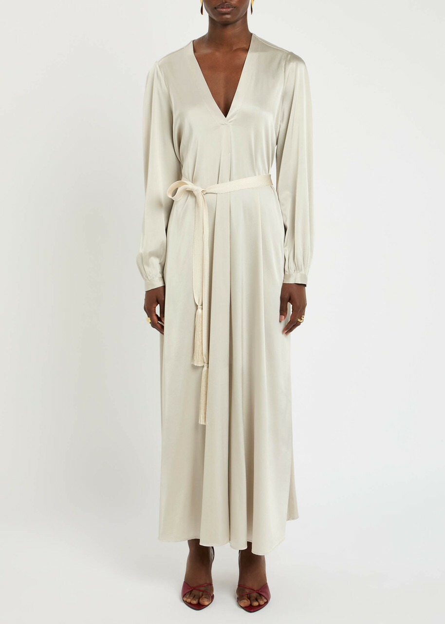 Forte_forte Belted Silk-satin Midi Dress Grey