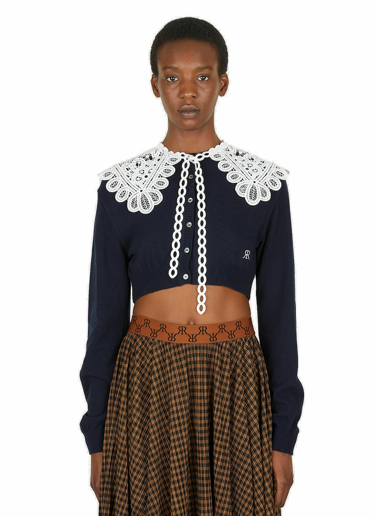 Lace Collar Cropped Cardigan in Blue Rokh