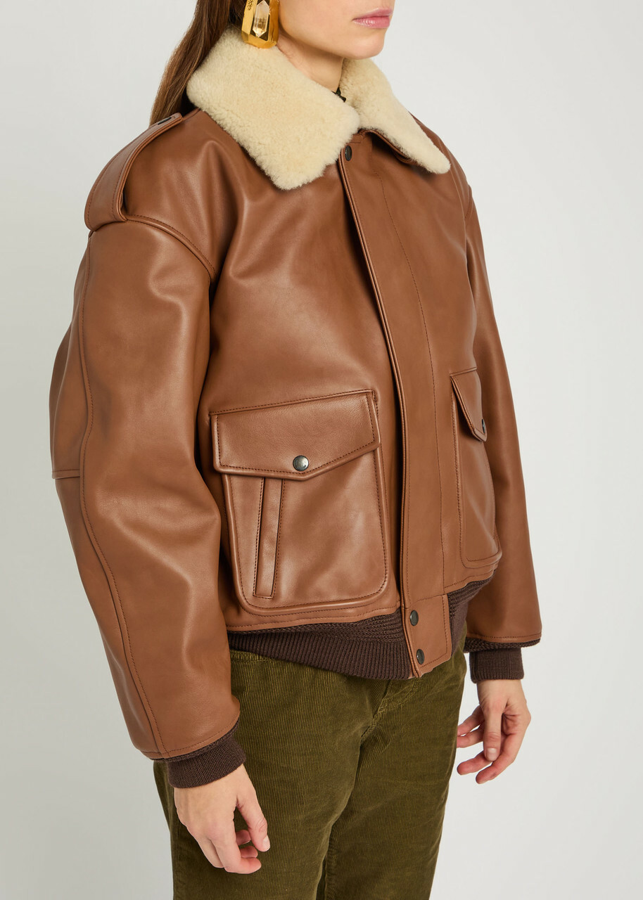 Saint Laurent Detachable-collar Shearling and Leather Jacket Terracotta