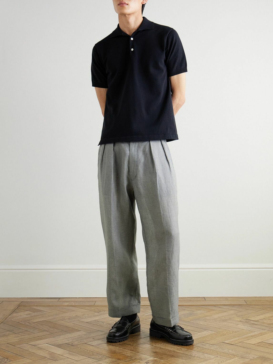 Beams Plus - Straight-Leg Pleated Checked Linen and Cupro-Blend Trousers - Gray