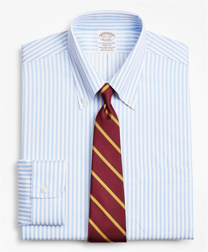 Photo: Brooks Brothers Men's Stretch Soho Extra-Slim-Fit Dress Shirt, Non-Iron Twill Button-Down Collar Bold Stripe | Light Blue