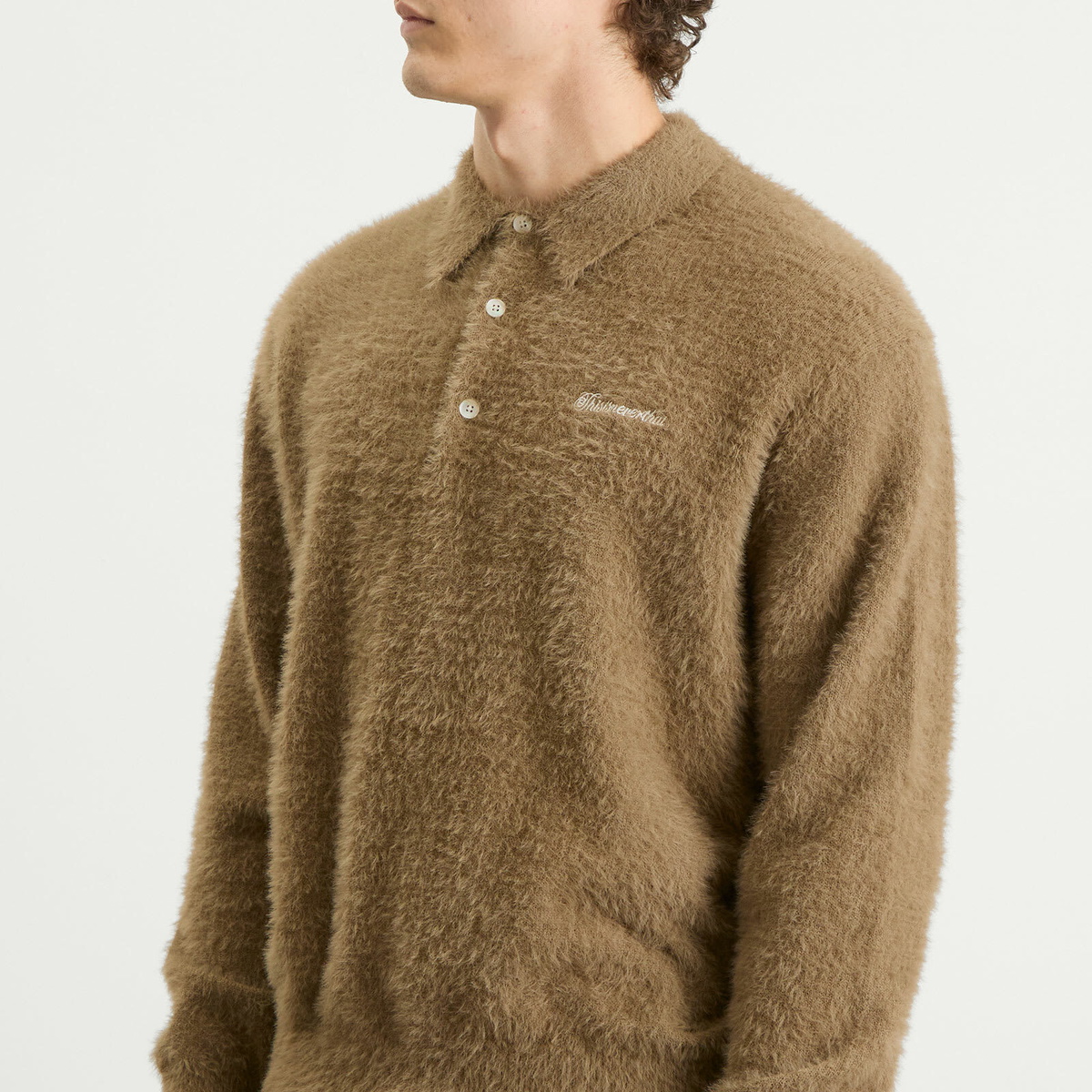 thisisneverthat Men's SCT-Logo Shaggy Knit Polo in Mud