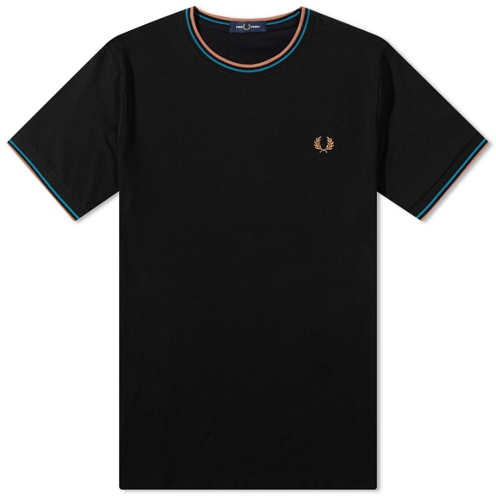 Photo: Fred Perry Men's Twin Tipped T-Shirt in Black/Cyber Blue/Light Rust