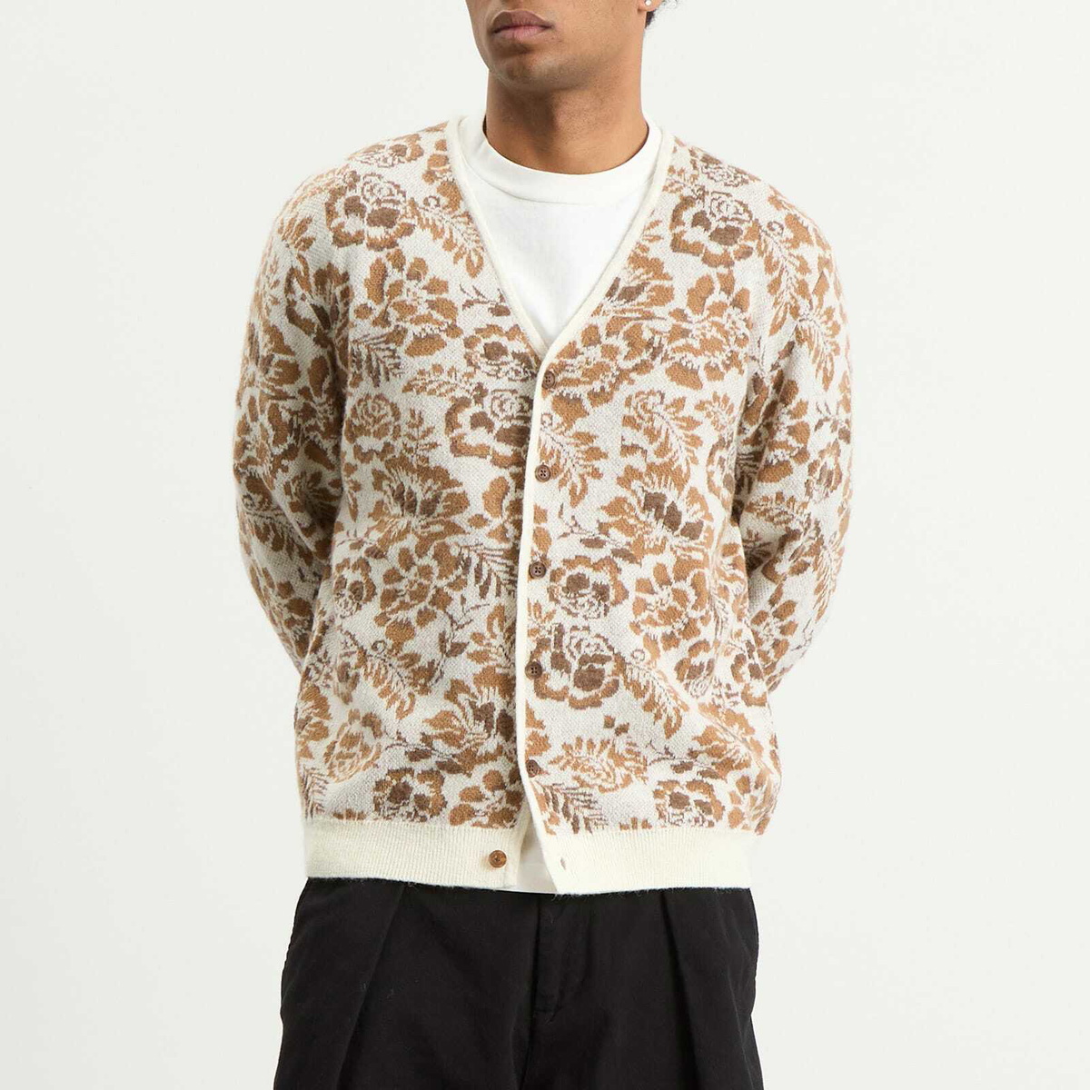 Wax London Men's Alban Floral Jacquard Cardigan in Natural/Brown